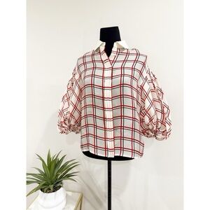 Dice Kayek Plaid Puff-Sleeve Collared Shirt- Red and White size S paid $1000